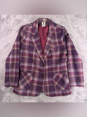 Vintage Latch On Wool Linen Blazer Womens 16 Burgundy Plaid Coat Academia Preppy